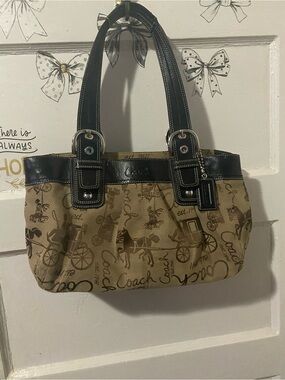 Coach soho Tan Signature Canvas Shoulder Bag with Black Leather Trim